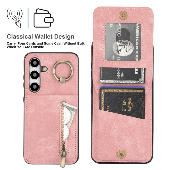 For Samsung Galaxy S24+ 5G Retro Ring and Zipper RFID Card Slot Phone Case(Pink)