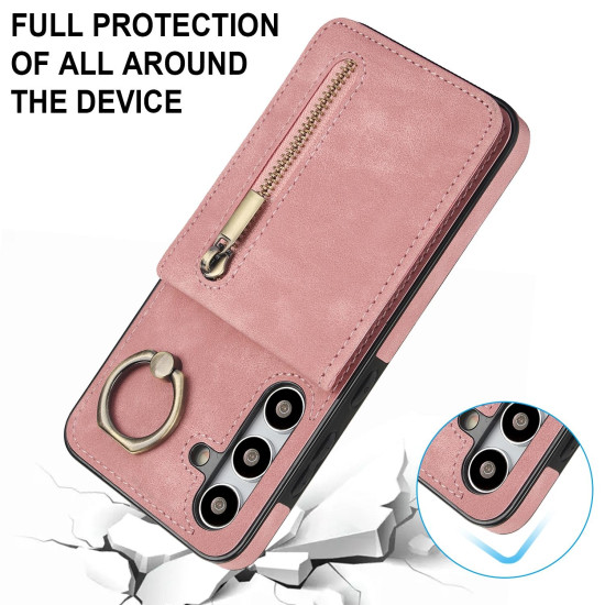 For Samsung Galaxy S24+ 5G Retro Ring and Zipper RFID Card Slot Phone Case(Pink)
