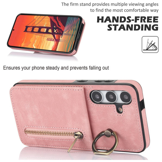 For Samsung Galaxy S24+ 5G Retro Ring and Zipper RFID Card Slot Phone Case(Pink)