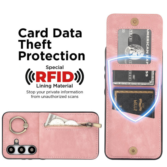 For Samsung Galaxy S24+ 5G Retro Ring and Zipper RFID Card Slot Phone Case(Pink)