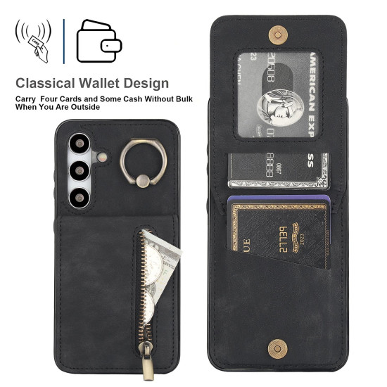 For Samsung Galaxy S24+ 5G Retro Ring and Zipper RFID Card Slot Phone Case(Black)