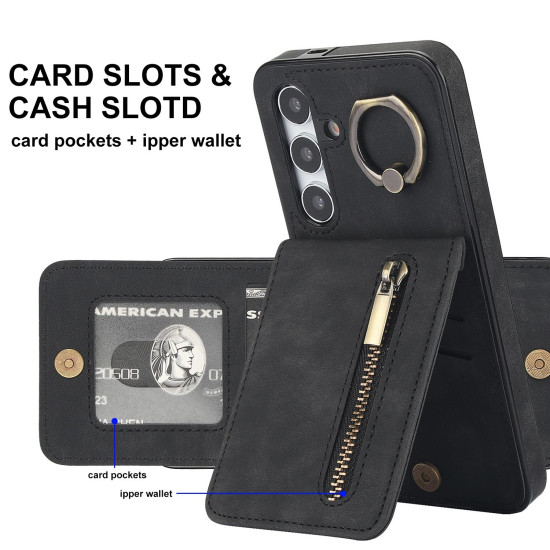 For Samsung Galaxy S24+ 5G Retro Ring and Zipper RFID Card Slot Phone Case(Black)