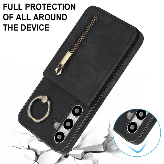 For Samsung Galaxy S24+ 5G Retro Ring and Zipper RFID Card Slot Phone Case(Black)