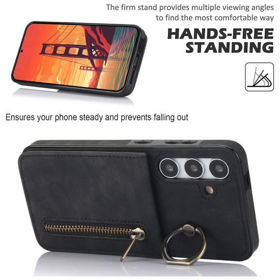 For Samsung Galaxy S24+ 5G Retro Ring and Zipper RFID Card Slot Phone Case(Black)