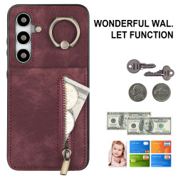For Samsung Galaxy S24+ 5G Retro Ring and Zipper RFID Card Slot Phone Case(Wine Red)