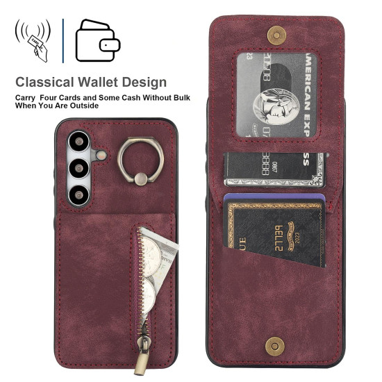For Samsung Galaxy S24+ 5G Retro Ring and Zipper RFID Card Slot Phone Case(Wine Red)