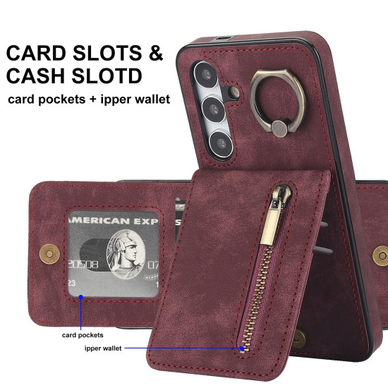 For Samsung Galaxy S24+ 5G Retro Ring and Zipper RFID Card Slot Phone Case(Wine Red)