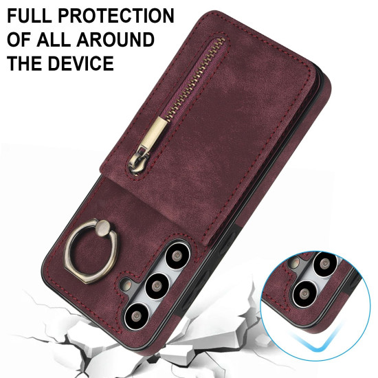 For Samsung Galaxy S24+ 5G Retro Ring and Zipper RFID Card Slot Phone Case(Wine Red)