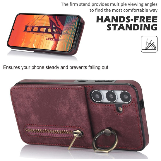 For Samsung Galaxy S24+ 5G Retro Ring and Zipper RFID Card Slot Phone Case(Wine Red)