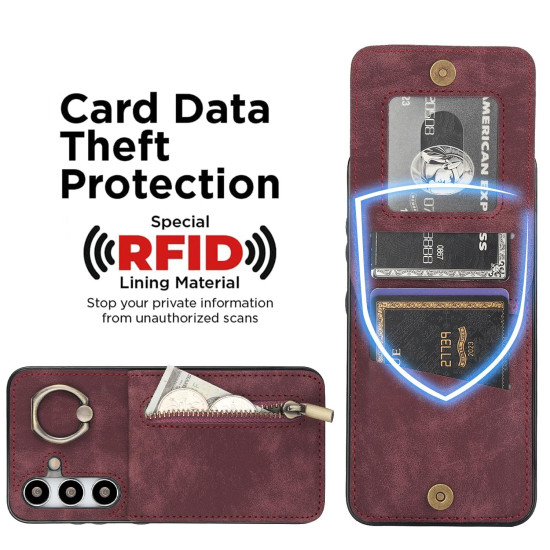 For Samsung Galaxy S24+ 5G Retro Ring and Zipper RFID Card Slot Phone Case(Wine Red)