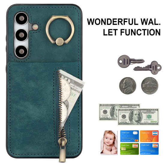 For Samsung Galaxy S24+ 5G Retro Ring and Zipper RFID Card Slot Phone Case(Green)