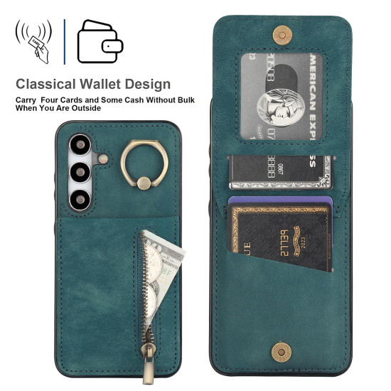 For Samsung Galaxy S24+ 5G Retro Ring and Zipper RFID Card Slot Phone Case(Green)