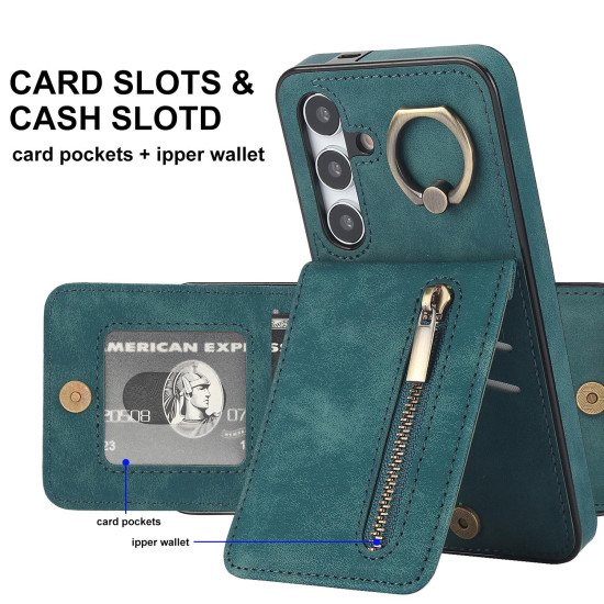 For Samsung Galaxy S24+ 5G Retro Ring and Zipper RFID Card Slot Phone Case(Green)