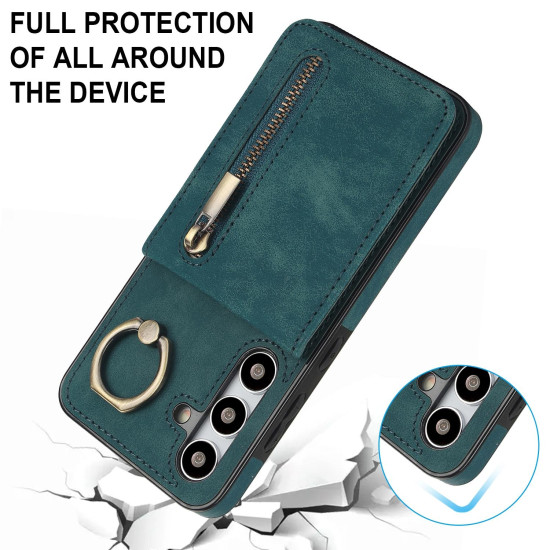 For Samsung Galaxy S24+ 5G Retro Ring and Zipper RFID Card Slot Phone Case(Green)