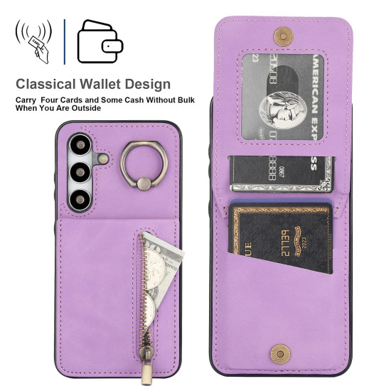 For Samsung Galaxy S24+ 5G Retro Ring and Zipper RFID Card Slot Phone Case(Purple)