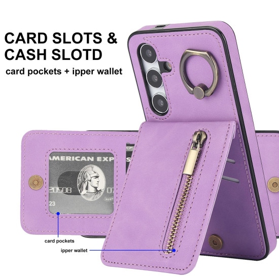 For Samsung Galaxy S24+ 5G Retro Ring and Zipper RFID Card Slot Phone Case(Purple)