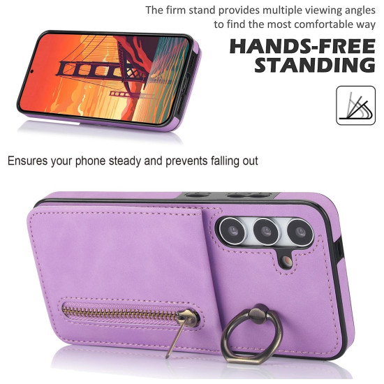 For Samsung Galaxy S24+ 5G Retro Ring and Zipper RFID Card Slot Phone Case(Purple)