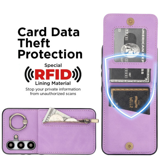For Samsung Galaxy S24+ 5G Retro Ring and Zipper RFID Card Slot Phone Case(Purple)