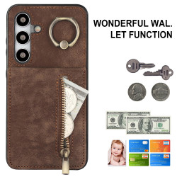 For Samsung Galaxy S24+ 5G Retro Ring and Zipper RFID Card Slot Phone Case(Brown)