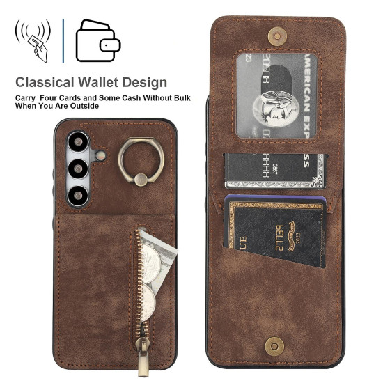 For Samsung Galaxy S24+ 5G Retro Ring and Zipper RFID Card Slot Phone Case(Brown)