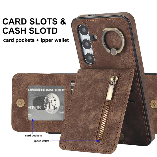 For Samsung Galaxy S24+ 5G Retro Ring and Zipper RFID Card Slot Phone Case(Brown)