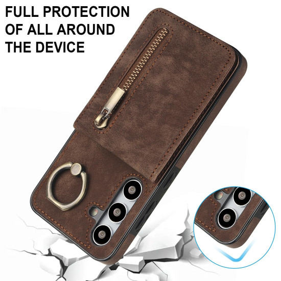 For Samsung Galaxy S24+ 5G Retro Ring and Zipper RFID Card Slot Phone Case(Brown)