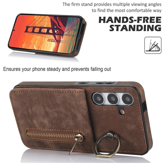 For Samsung Galaxy S24+ 5G Retro Ring and Zipper RFID Card Slot Phone Case(Brown)
