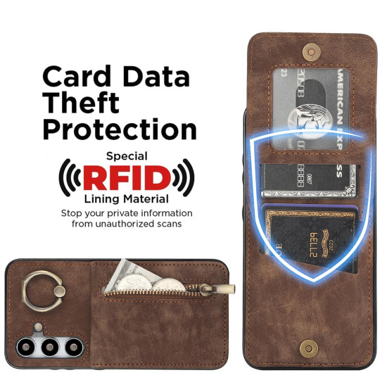 For Samsung Galaxy S24+ 5G Retro Ring and Zipper RFID Card Slot Phone Case(Brown)