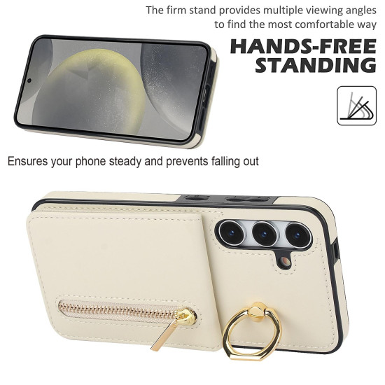 For Samsung Galaxy S24+ 5G Retro Ring and Zipper RFID Card Slot Phone Case(Beige)