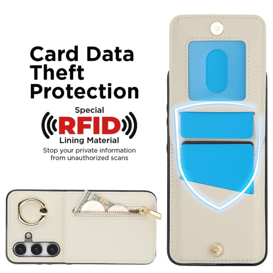 For Samsung Galaxy S24+ 5G Retro Ring and Zipper RFID Card Slot Phone Case(Beige)