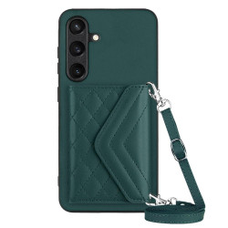 For Samsung Galaxy S24+ 5G Rhombic Texture Card Bag RFID Phone Case with Long Lanyard(Green)