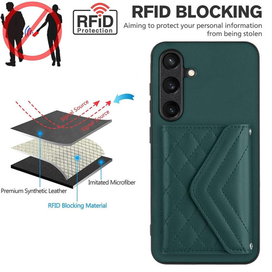 For Samsung Galaxy S24+ 5G Rhombic Texture Card Bag RFID Phone Case with Long Lanyard(Green)
