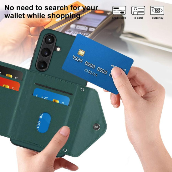 For Samsung Galaxy S24+ 5G Rhombic Texture Card Bag RFID Phone Case with Long Lanyard(Green)