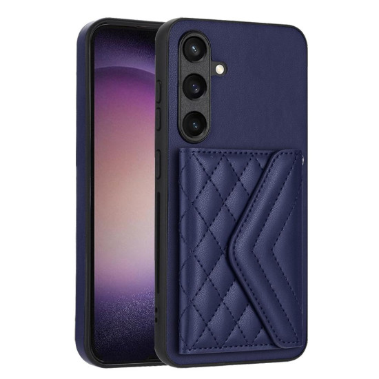 For Samsung Galaxy S24+ 5G Rhombic Texture Card Bag RFID Phone Case with Long Lanyard(Blue)