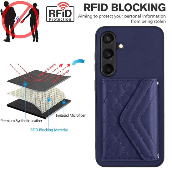 For Samsung Galaxy S24+ 5G Rhombic Texture Card Bag RFID Phone Case with Long Lanyard(Blue)