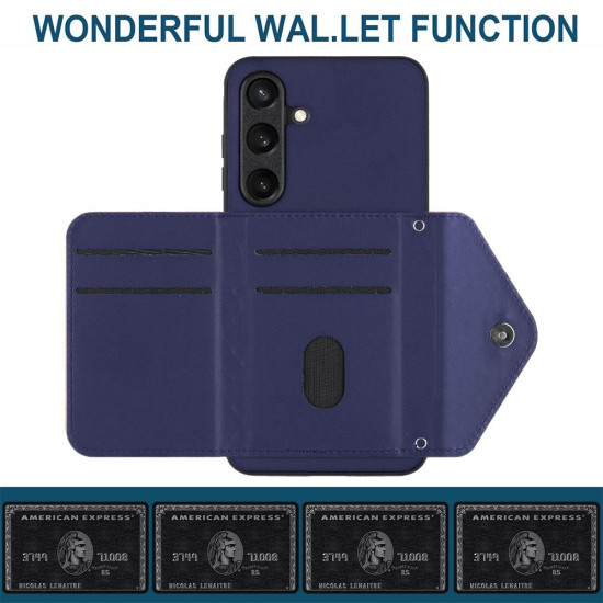For Samsung Galaxy S24+ 5G Rhombic Texture Card Bag RFID Phone Case with Long Lanyard(Blue)