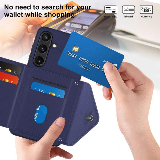 For Samsung Galaxy S24+ 5G Rhombic Texture Card Bag RFID Phone Case with Long Lanyard(Blue)