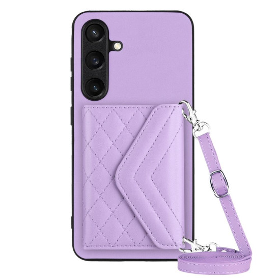 For Samsung Galaxy S24+ 5G Rhombic Texture Card Bag RFID Phone Case with Long Lanyard(Light Purple)
