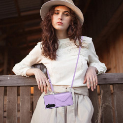 For Samsung Galaxy S24+ 5G Rhombic Texture Card Bag RFID Phone Case with Long Lanyard(Light Purple)
