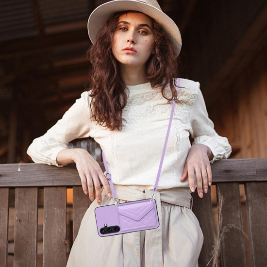 For Samsung Galaxy S24+ 5G Rhombic Texture Card Bag RFID Phone Case with Long Lanyard(Light Purple)