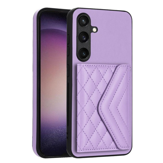 For Samsung Galaxy S24+ 5G Rhombic Texture Card Bag RFID Phone Case with Long Lanyard(Light Purple)