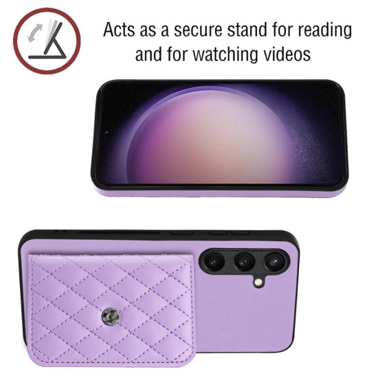 For Samsung Galaxy S24+ 5G Rhombic Texture Card Bag RFID Phone Case with Long Lanyard(Light Purple)