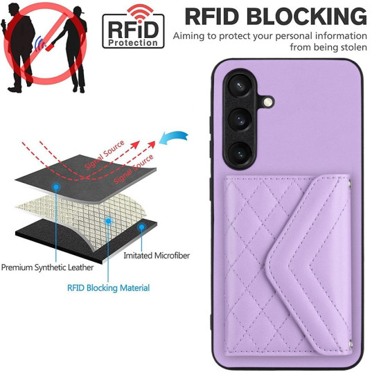 For Samsung Galaxy S24+ 5G Rhombic Texture Card Bag RFID Phone Case with Long Lanyard(Light Purple)