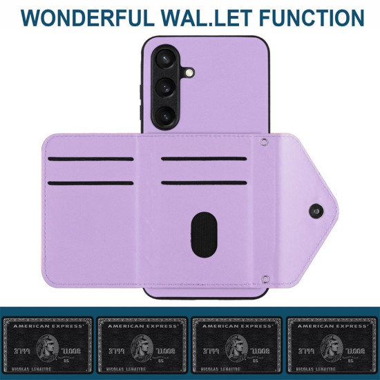 For Samsung Galaxy S24+ 5G Rhombic Texture Card Bag RFID Phone Case with Long Lanyard(Light Purple)