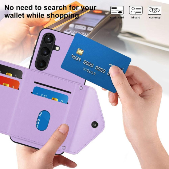 For Samsung Galaxy S24+ 5G Rhombic Texture Card Bag RFID Phone Case with Long Lanyard(Light Purple)