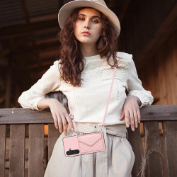 For Samsung Galaxy S24+ 5G Rhombic Texture Card Bag RFID Phone Case with Long Lanyard(Rose Gold)