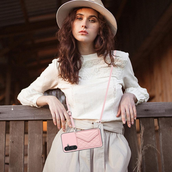 For Samsung Galaxy S24+ 5G Rhombic Texture Card Bag RFID Phone Case with Long Lanyard(Rose Gold)