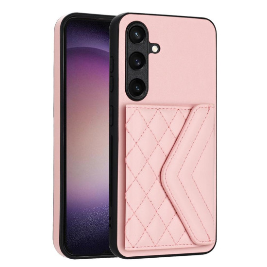 For Samsung Galaxy S24+ 5G Rhombic Texture Card Bag RFID Phone Case with Long Lanyard(Rose Gold)