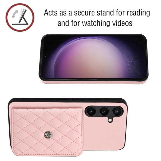 For Samsung Galaxy S24+ 5G Rhombic Texture Card Bag RFID Phone Case with Long Lanyard(Rose Gold)