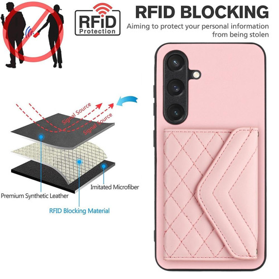 For Samsung Galaxy S24+ 5G Rhombic Texture Card Bag RFID Phone Case with Long Lanyard(Rose Gold)
